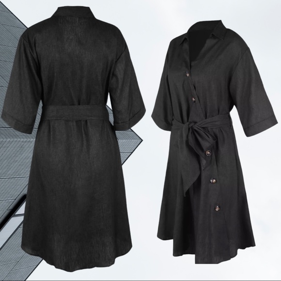 Black Denim Tie Waist Button Down V Neck Dress - Picture 5 of 10